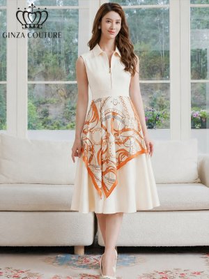 画像6: [送料無料][GINZA COUTURE]ベージュ×オレンジ・チェーン柄・襟付き・スカーフ・ハーフジップ・ノースリーブ・Aライン・フレア・ミディアムドレス・ワンピース[即日発送][大きいサイズあり]