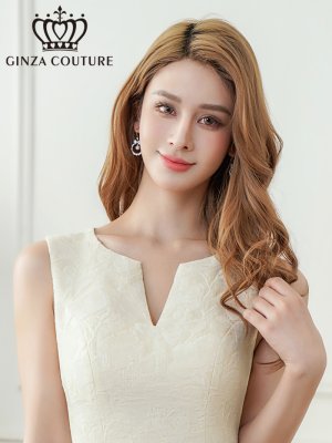 画像4: [送料無料][GINZA COUTURE]サテンジャガード・フロッキープリント・Vネック・ノースリーブ・裾プリーツ・Aライン・ミニドレス・ワンピース[即日発送][大きいサイズあり]