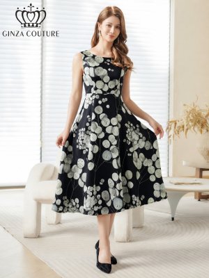 画像1: [送料無料][GINZA COUTURE]ブラック×グリーン・プリント・ボートネック・ノースリーブ・ウエスト切替・フレア・Aライン・ミディアムドレス・ワンピース[即日発送][大きいサイズあり]