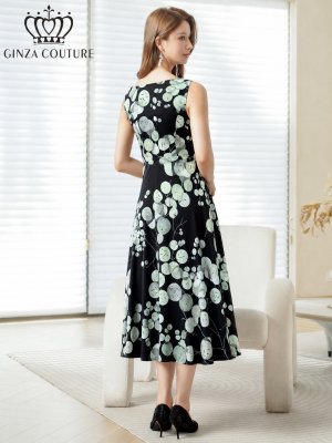 画像3: [送料無料][GINZA COUTURE]ブラック×グリーン・プリント・ボートネック・ノースリーブ・ウエスト切替・フレア・Aライン・ミディアムドレス・ワンピース[即日発送][大きいサイズあり]