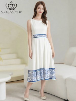 画像1: [送料無料][GINZA COUTURE]ホワイト×ブルー・プリント・切替・Aライン・ノースリーブ・ミディアムドレス・ワンピース[即日発送][大きいサイズあり]