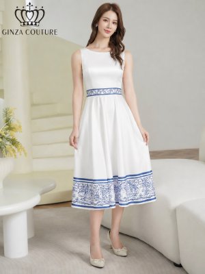画像5: [送料無料][GINZA COUTURE]ホワイト×ブルー・プリント・切替・Aライン・ノースリーブ・ミディアムドレス・ワンピース[即日発送][大きいサイズあり]