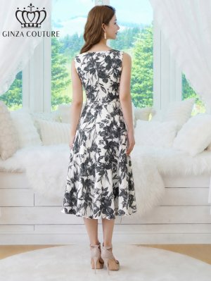 画像3: [送料無料][GINZA COUTURE]ホワイト×ブラック・プリント・シフォン・モノトーン・花柄・胸元ファスナー・ベルト付・ノースリーブ・ライン・ミディアムドレス・ワンピース[即日発送][大きいサイズあり]