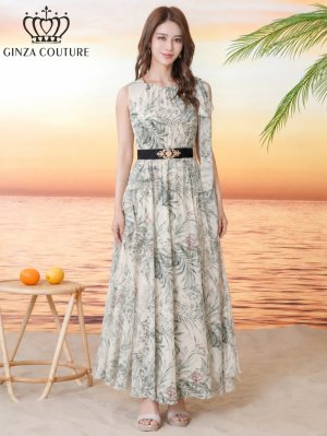 画像11: [送料無料][GINZA COUTURE]グレー・グリーン・総柄・ボタニカルプリント・シフォン・ショルダーリボン・ノースリーブ・マキシ丈・Aライン・フレア・ロングドレス[即日発送][大きいサイズあり]