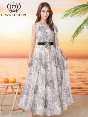 画像2: [送料無料][GINZA COUTURE]グレー・グリーン・総柄・ボタニカルプリント・シフォン・ショルダーリボン・ノースリーブ・マキシ丈・Aライン・フレア・ロングドレス[即日発送][大きいサイズあり]