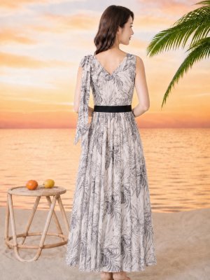 画像3: [送料無料][GINZA COUTURE]グレー・グリーン・総柄・ボタニカルプリント・シフォン・ショルダーリボン・ノースリーブ・マキシ丈・Aライン・フレア・ロングドレス[即日発送][大きいサイズあり]