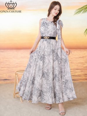画像5: [送料無料][GINZA COUTURE]グレー・グリーン・総柄・ボタニカルプリント・シフォン・ショルダーリボン・ノースリーブ・マキシ丈・Aライン・フレア・ロングドレス[即日発送][大きいサイズあり]