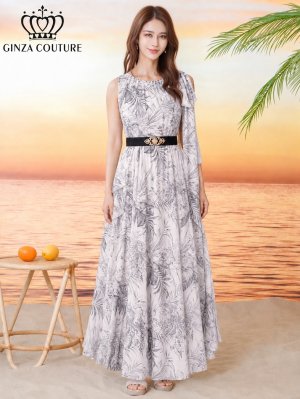 画像6: [送料無料][GINZA COUTURE]グレー・グリーン・総柄・ボタニカルプリント・シフォン・ショルダーリボン・ノースリーブ・マキシ丈・Aライン・フレア・ロングドレス[即日発送][大きいサイズあり]