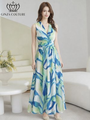 画像6: [送料無料][GINZA COUTURE]ブルー×グリーン・シフォン・マーブルプリント・Vネック・Aライン・ノースリーブ・ロングドレス[即日発送][大きいサイズあり]