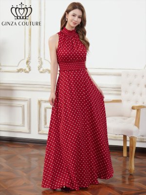 画像7: [送料無料][GINZA COUTURE]ホワイト×ブラック・レッド×ホワイト・ドット・首元フリル・ウエストマーク・マキシ・アメリカンスリーブ・Aライン・ロングドレス[即日発送][大きいサイズあり]