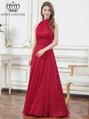 画像8: [送料無料][GINZA COUTURE]ホワイト×ブラック・レッド×ホワイト・ドット・首元フリル・ウエストマーク・マキシ・アメリカンスリーブ・Aライン・ロングドレス[即日発送][大きいサイズあり]