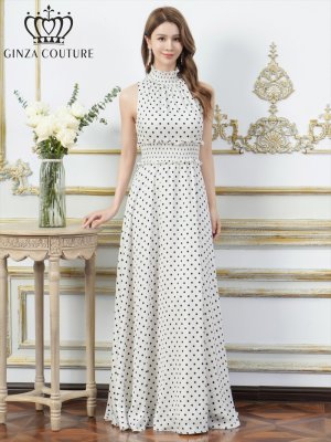 画像1: [送料無料][GINZA COUTURE]ホワイト×ブラック・レッド×ホワイト・ドット・首元フリル・ウエストマーク・マキシ・アメリカンスリーブ・Aライン・ロングドレス[即日発送][大きいサイズあり]