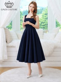 [送料無料][GINZA COUTURE]ネイビー・グレー・ワインレッド・ホワイト・ワンカラー・シンプル・サテン・ノースリーブ・フレア・Aライン・ミディアムドレス・ワンピース[即日発送][大きいサイズあり]