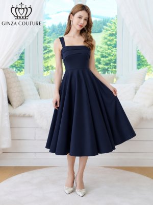 画像2: [送料無料][GINZA COUTURE]ネイビー・グレー・ワインレッド・ホワイト・ワンカラー・シンプル・サテン・ノースリーブ・フレア・Aライン・ミディアムドレス・ワンピース[即日発送][大きいサイズあり]