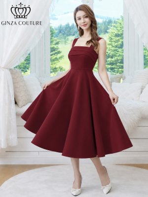 画像8: [送料無料][GINZA COUTURE]ホワイト・ワインレッド・ワンカラー・シンプル・サテン・ノースリーブ・フレア・Aライン・ミディアムドレス・ワンピース[即日発送][大きいサイズあり]