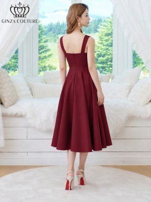 画像9: [送料無料][GINZA COUTURE]ホワイト・ワインレッド・ワンカラー・シンプル・サテン・ノースリーブ・フレア・Aライン・ミディアムドレス・ワンピース[即日発送][大きいサイズあり]