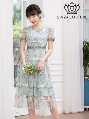 画像1: [送料無料][GINZA COUTURE]グリーン・ピンク・花柄・半袖・チュール・Aライン・ミディアムドレス・ワンピース[即日発送][大きいサイズあり]