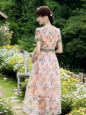 画像9: [送料無料][GINZA COUTURE]グリーン・ピンク・花柄・半袖・チュール・Aライン・ミディアムドレス・ワンピース[即日発送][大きいサイズあり]