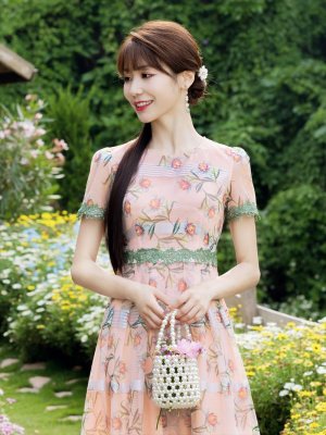 画像11: [送料無料][GINZA COUTURE]グリーン・ピンク・花柄・半袖・チュール・Aライン・ミディアムドレス・ワンピース[即日発送][大きいサイズあり]