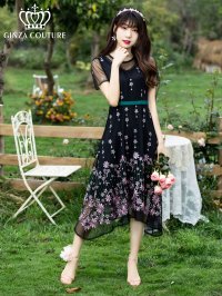 [送料無料][GINZA COUTURE]ブラック×ピンク チュール・花柄・半袖・刺繍・Aライン・ミディアムドレス・ワンピース[即日発送][大きいサイズあり]