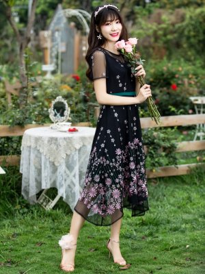 画像2: [送料無料][GINZA COUTURE]ブラック×ピンク チュール・花柄・半袖・刺繍・Aライン・ミディアムドレス・ワンピース[即日発送][大きいサイズあり]