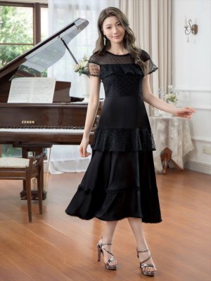 画像2: [送料無料][GINZA COUTURE]ブラック・ホワイト・半袖・ビーズ・チュール・レース・Aライン・ミディアムドレス・ワンピース[即日発送][大きいサイズあり]
