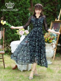 [送料無料][GINZA COUTURE]ブラック×グリーン・花柄・Aライン・七分袖・ミディアムドレス[即日発送][大きいサイズあり]