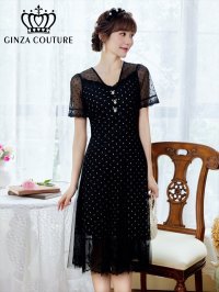 [送料無料][GINZA COUTURE]ブラック・ドット・半袖・チュール・レース・Aライン・ミディアムドレス・ワンピース[即日発送][大きいサイズあり]