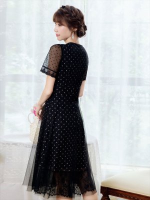 画像3: [送料無料][GINZA COUTURE]ブラック・ドット・半袖・チュール・レース・Aライン・ミディアムドレス・ワンピース[即日発送][大きいサイズあり]