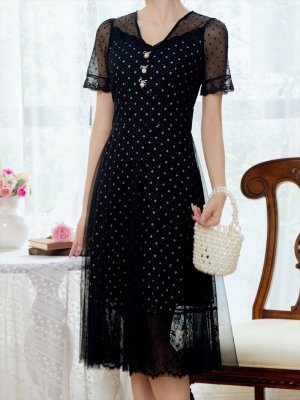 画像4: [送料無料][GINZA COUTURE]ブラック・ドット・半袖・チュール・レース・Aライン・ミディアムドレス・ワンピース[即日発送][大きいサイズあり]