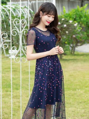 画像3: [送料無料][GINZA COUTURE]ネイビー・半袖・総レース・刺繍・Aライン・ミディアムドレス・ワンピース[即日発送][大きいサイズあり]