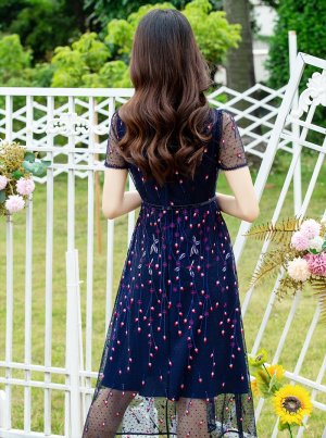 画像4: [送料無料][GINZA COUTURE]ネイビー・半袖・総レース・刺繍・Aライン・ミディアムドレス・ワンピース[即日発送][大きいサイズあり]