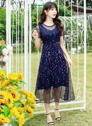 画像6: [送料無料][GINZA COUTURE]ネイビー・半袖・総レース・刺繍・Aライン・ミディアムドレス・ワンピース[即日発送][大きいサイズあり]