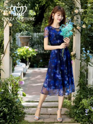 画像1: [送料無料][GINZA COUTURE]ネイビー・ピンク・花柄・半袖・チュール・Aライン・ミディアムドレス・ワンピース[即日発送][大きいサイズあり]