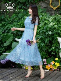 [送料無料][GINZA COUTURE]ブルー・パープル・花柄・半袖・チュール・Aライン・ミディアムドレス・ワンピース[即日発送][大きいサイズあり]