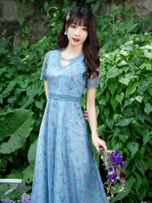 画像2: [送料無料][GINZA COUTURE]ブルー・パープル・花柄・半袖・チュール・Aライン・ミディアムドレス・ワンピース[即日発送][大きいサイズあり]