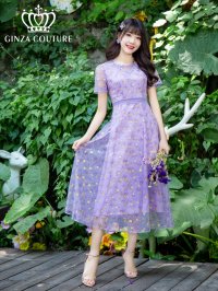 [送料無料][GINZA COUTURE]パープル・ブルー・花柄・半袖・チュール・Aライン・ミディアムドレス・ワンピース[即日発送][大きいサイズあり]