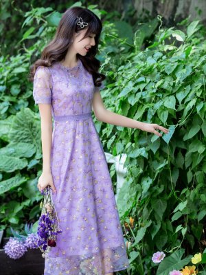 画像2: [送料無料][GINZA COUTURE]パープル・ブルー・花柄・半袖・チュール・Aライン・ミディアムドレス・ワンピース[即日発送][大きいサイズあり]