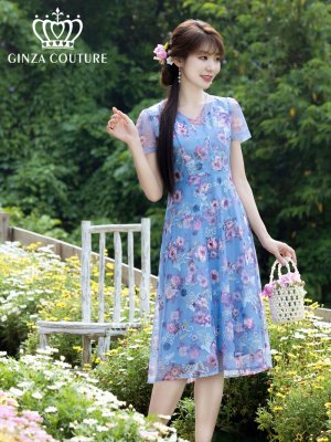 画像1: [送料無料][GINZA COUTURE]ブルー・ピンク・花柄・蝶・刺繍・半袖・チュール・レース・Aライン・ミディアムドレス・ワンピース[即日発送][大きいサイズあり]