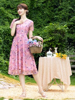 画像6: [送料無料][GINZA COUTURE]ピンク・ブルー・花柄・蝶・刺繍・半袖・チュール・レース・Aライン・ミディアムドレス・ワンピース[即日発送]