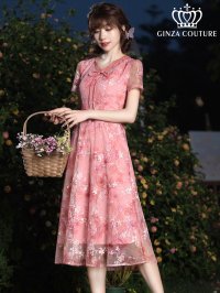 [送料無料][GINZA COUTURE]ピンク・グリーン・総レース・半袖・Aライン・ミニドレス・ワンピース[即日発送][大きいサイズあり]