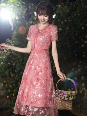 画像2: [送料無料][GINZA COUTURE]ピンク・グリーン・総レース・半袖・Aライン・ミニドレス・ワンピース[即日発送][大きいサイズあり]