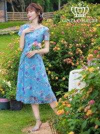 [送料無料][GINZA COUTURE]ブルー・グリーン・花柄・半袖・チュール・レース・Aライン・ミディアムドレス・ワンピース[即日発送][大きいサイズあり]