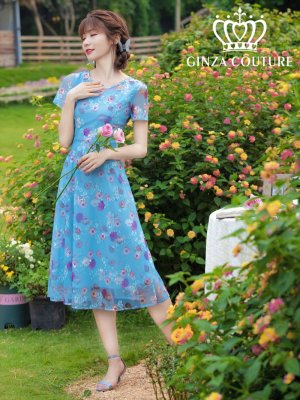 画像1: [送料無料][GINZA COUTURE]ブルー・グリーン・花柄・半袖・チュール・レース・Aライン・ミディアムドレス・ワンピース[即日発送][大きいサイズあり]