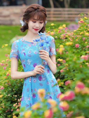 画像4: [送料無料][GINZA COUTURE]ブルー・グリーン・花柄・半袖・チュール・レース・Aライン・ミディアムドレス・ワンピース[即日発送][大きいサイズあり]