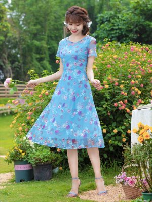 画像6: [送料無料][GINZA COUTURE]ブルー・グリーン・花柄・半袖・チュール・レース・Aライン・ミディアムドレス・ワンピース[即日発送][大きいサイズあり]