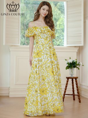 画像5: [送料無料][GINZA COUTURE]イエロー・レッド・シフォン・キャミソール・オフショルダー・花柄・プリント・ワンピース・ロングドレス[即日発送][大きいサイズあり]