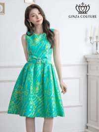 [送料無料][GINZA COUTURE]グリーン・イエロー・プリント・パールビジュー・ウエストマーク・ノースリーブ・フレア・Aライン・ミディアムドレス・ワンピース [即日発送][大きいサイズあり]