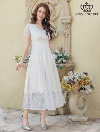 [送料無料][GINZA COUTURE]ホワイト・ブラック・ワインレッド・ピンク・総レース・ラインストーン・Vネック・半袖・ハイウエスト・Aライン・ミディアムドレス・ワンピース[即日発送][大きいサイズあり]