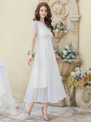 画像2: [送料無料][GINZA COUTURE]ホワイト・ブラック・ワインレッド・ピンク・総レース・ラインストーン・Vネック・半袖・ハイウエスト・Aライン・ミディアムドレス・ワンピース[即日発送][大きいサイズあり]